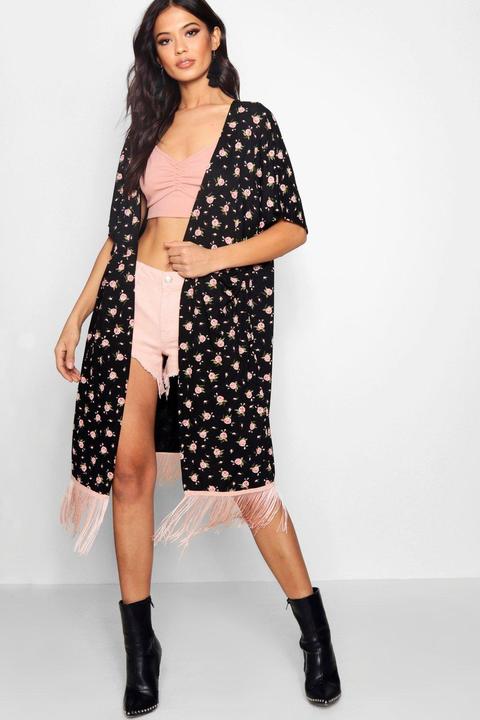 Rose Print Tassel Kimono