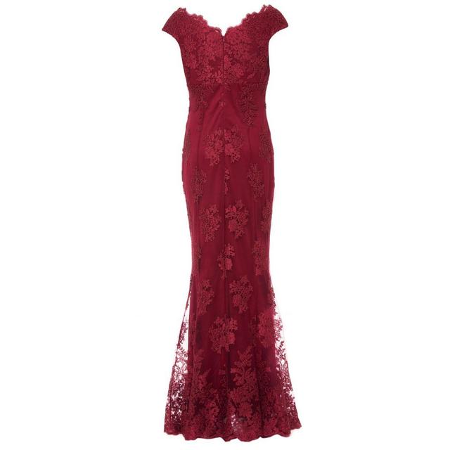 Quiz berry lace long hot sale sleeve fishtail maxi dress