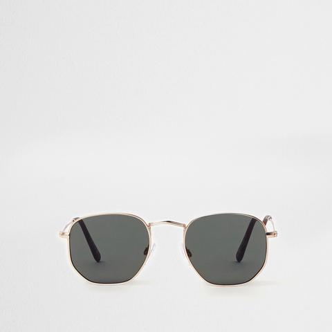 Gold Tone Hexagon Smoke Lens Sunglasses