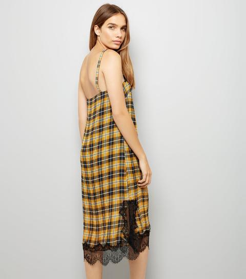 Yellow Check Chiffon Slip Dress New Look