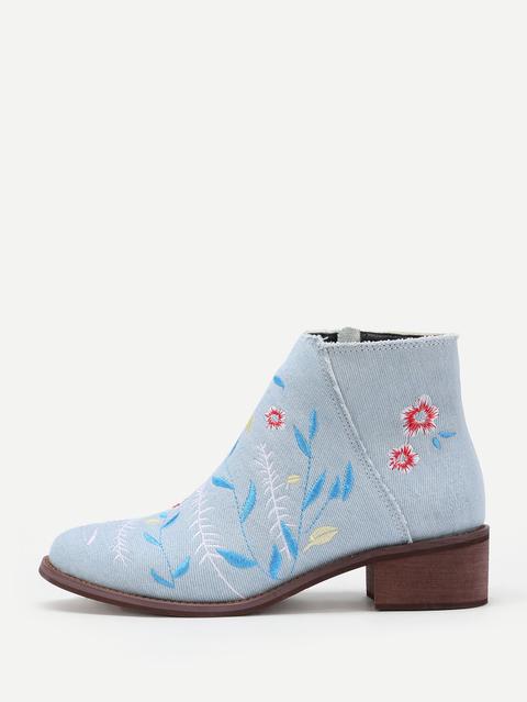 Botines De Tacón Cuadrado En Denim Con Bordado De Flor