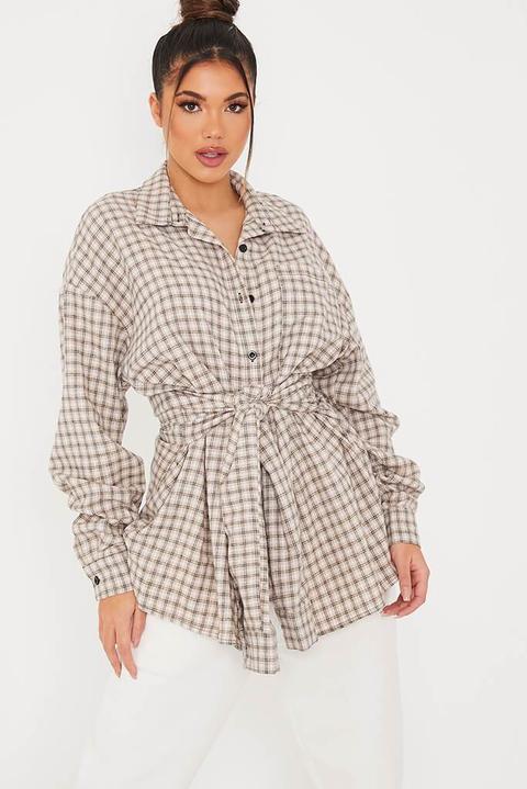 Beige Brushed Check Oversized Shirt With Tie Waist , Beige