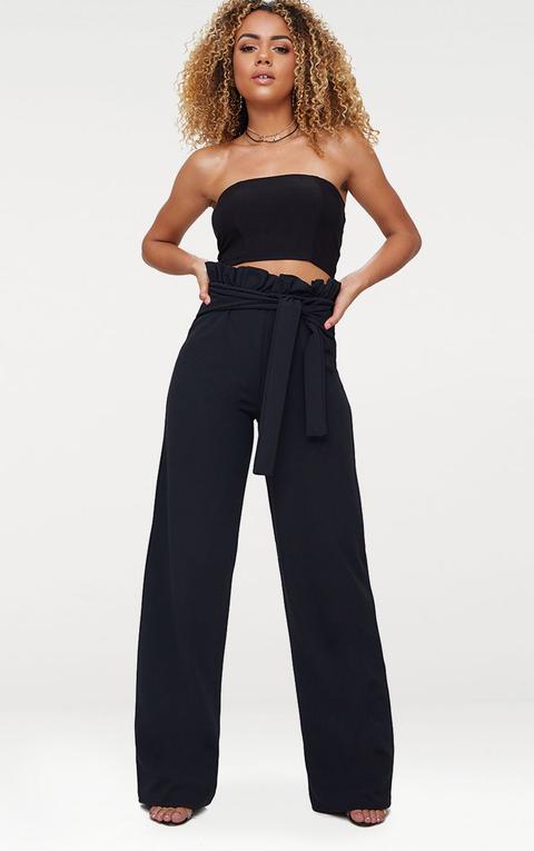 Black Crepe Paperbag Wide Leg Trousers, Black