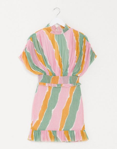 Vestido Corto Plisado Estilo Blusón Con Frunces En La Falda Y Estampado De Rayas Pastel Multicolor De Asos Design