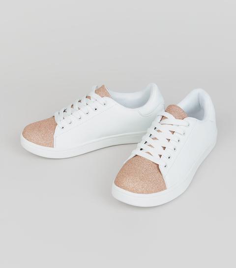 Teens Rose Gold Glitter Panel Trainers New Look