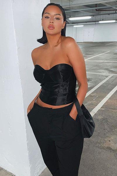 Black Satin Corset Crop Top - Laraya