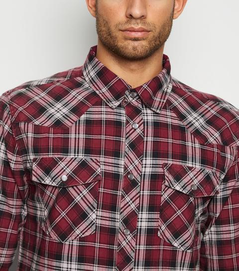 Men's Bellfield Dark Red Check Popper Shirt New Look