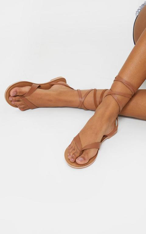 Tan Toe Thong Ankle Tie Strappy Sandals