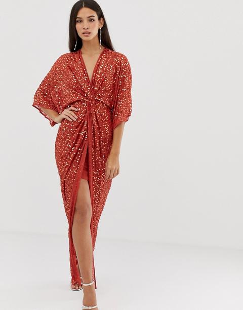 Asos Design Scatter Sequin Knot Front Kimono Maxi Dress - Brown