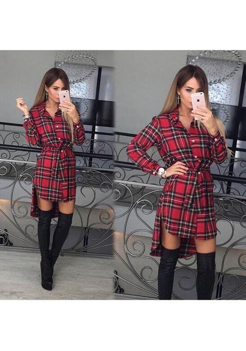 Red Plaid Irregular Single Breasted Belt Midi Dress