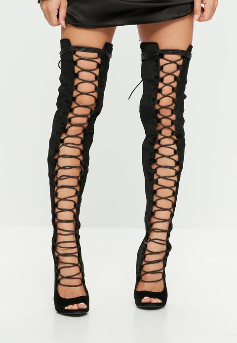 Black Lace Up Peep Toe Thigh High Boots