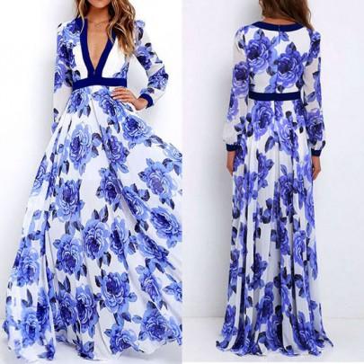 Vestido Largo Estampado De Flores Escote Dacrón Bohemio Azul