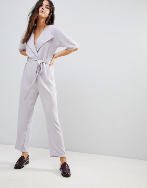 Mono Largo Cruzado Con Cinturón Anudado De Asos Design-plateado
