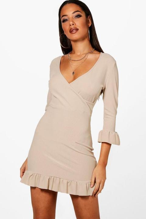 Ribbed Wrap Ruffle Bodycon Tea Dress