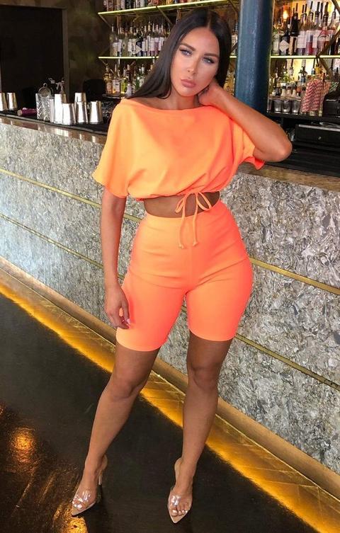 Neon Coral Bardot Elasticated Crop Top 