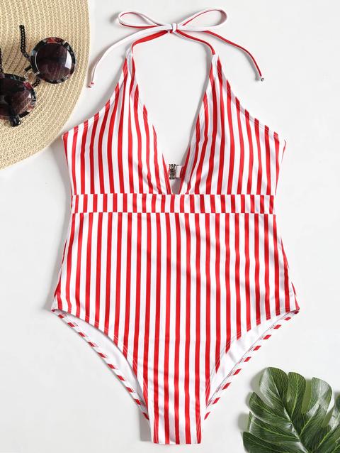 Costume Da Bagno Plus Size A Righe Tagliato Con Gamba Alta Red With White