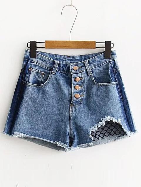 Strappato Raw Hem Open-mesh Denim Shorts