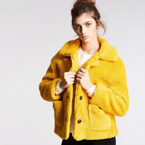 Chaqueta Teddy Con Cuello Sólida Con Botón