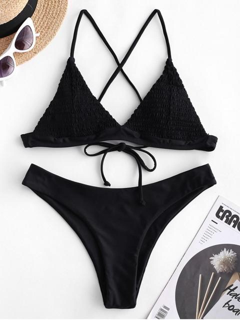 Zaful Smocked Criss Cross Bikini De Pierna Alta Bikini Black