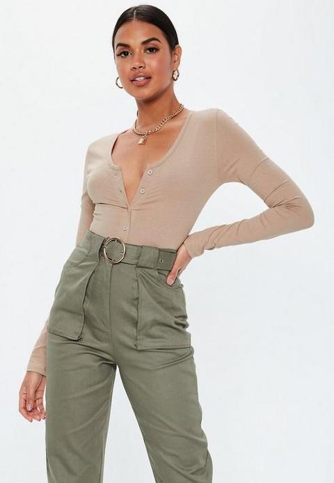 Sand V Neck Button Front Brazilian Bodysuit, Camel