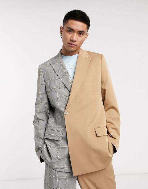 Jaded London Spliced Suit Jacket With Buckle In Brown And Grey Check