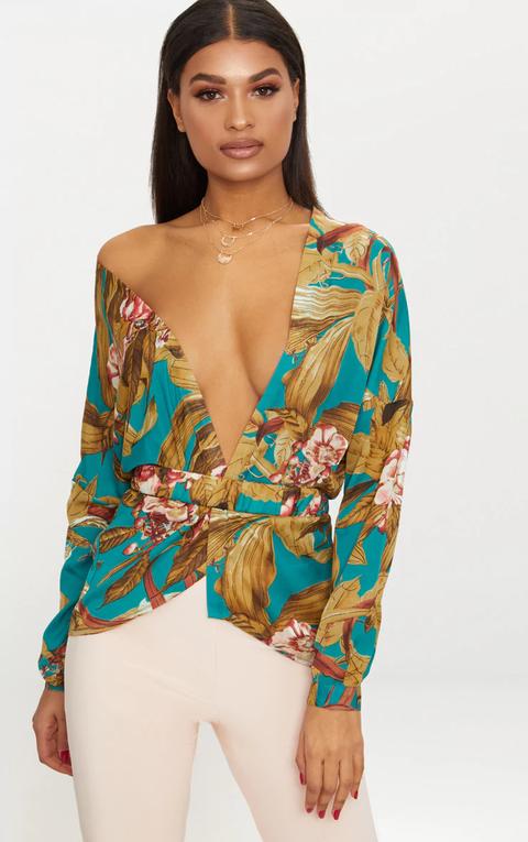 Teal Floral Printed Off Shoulder Belted Blouse, Blue