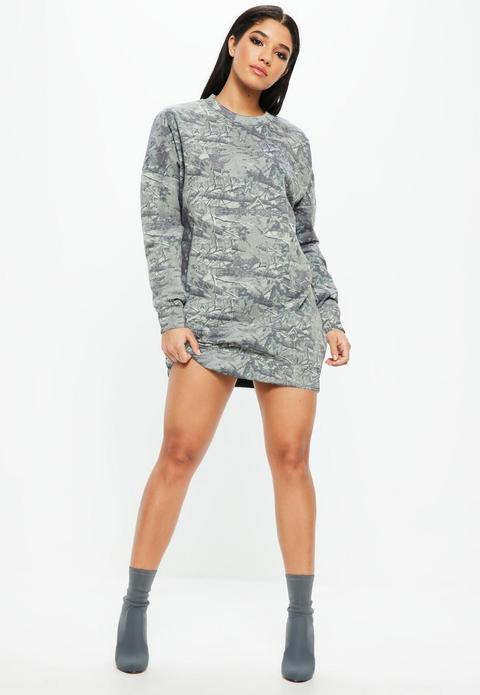 Grey Camo Print Long Sleeve Oversized Sweater Dress, Green