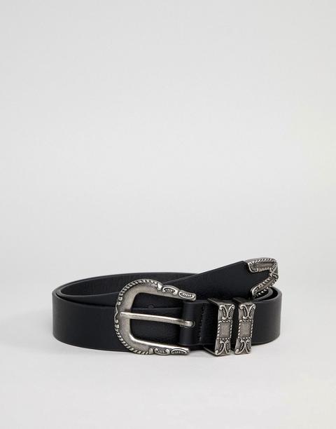 Asos Design Faux Leather Skinny Western Belt In Black With Metal Double Keepers - Nero