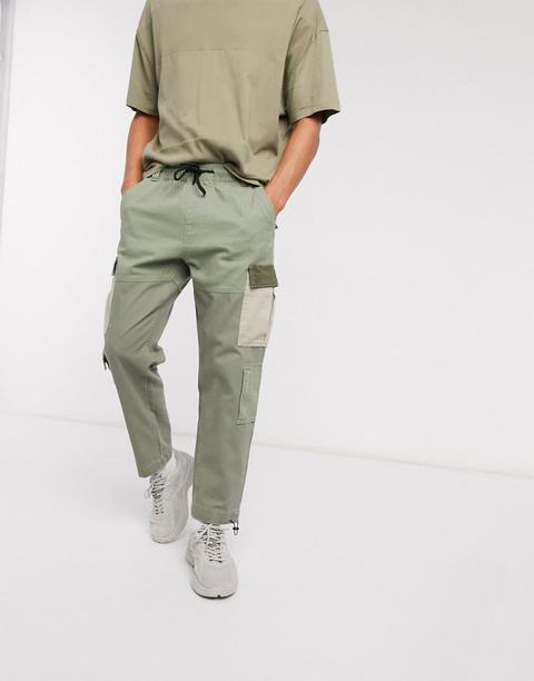 Bershka Join Life Denim Cargo Trousers With Contrast Pockets In Green