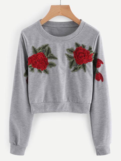 Rose Embroidered Applique Sweatshirt