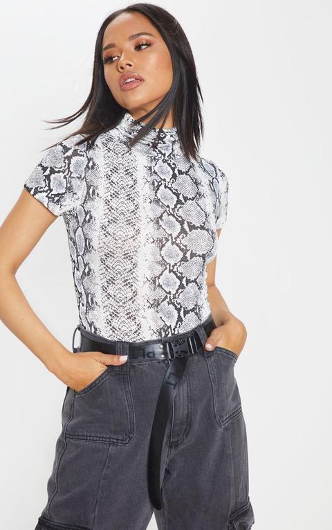 Grey Snake Print Roll Neck Short Sleeve Bodysuit, Grey