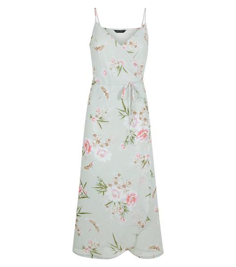 Green Floral Wrap Front Midi Dress New Look