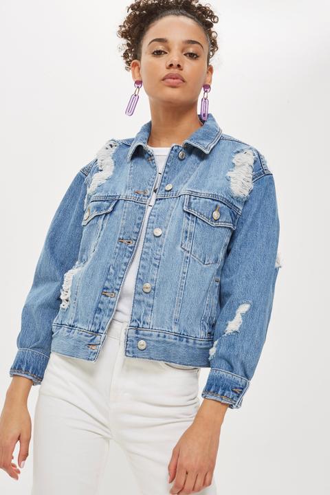 Womens Oversized Ripped Denim Jacket - Mid Stone, Mid Stone