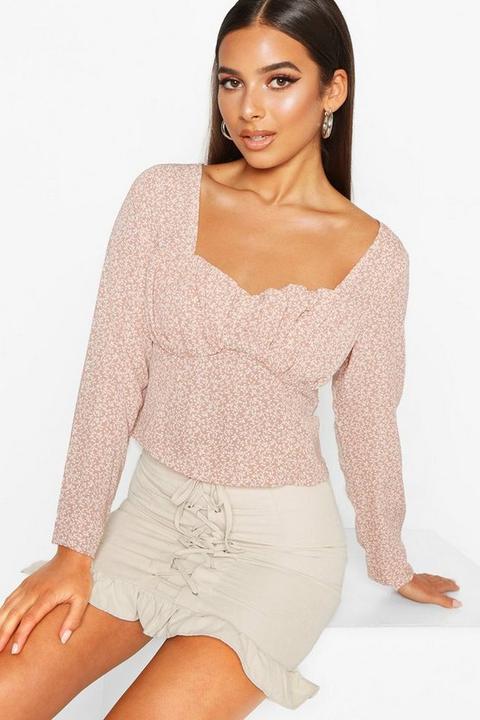 Womens Ditsy Print Long Sleeve Peplum Top - Pink - 12, Pink
