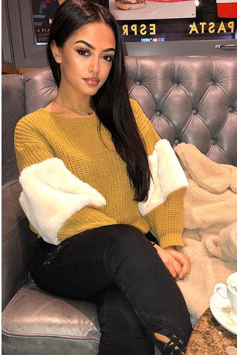 Mustard Chunky Knit Cream Fur Sleeve Jumper - Kimberly