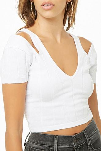 Forever 21 Ribbed Open-shoulder Crop Top , White