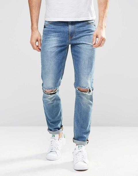 Asos - Jeans Skinny Lavaggio Medio Con Strappi Alle Ginocchia - Blu