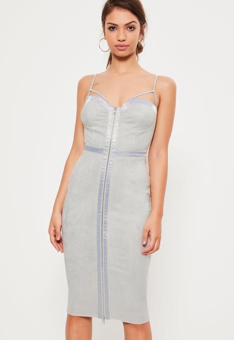 Grey Suede Satin Contrast Midi Dress