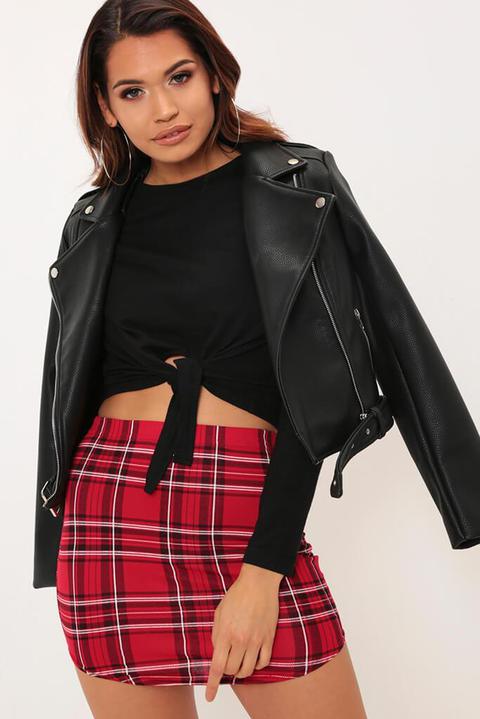 Red Tartan Check Curved Hem Mini Skirt