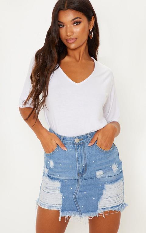 Mid Wash Ripped Diamante Denim Skirt