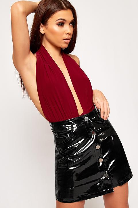 Bella Vinyl Button Through Mini Skirt - Black