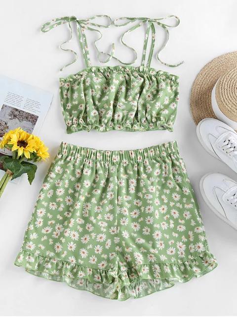 Zaful Conjunto De Boquillas Con Estampado De Flor Lilac Pistachio Green