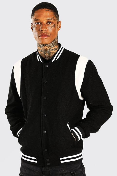 Mens Black Melton Bomber With Contrast Trims, Black