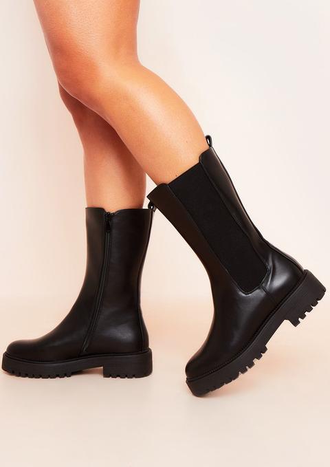 Rachel Black Vegan Leather Chunky Slip On Boots