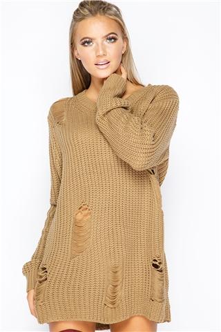 Kylie Mocha Distressed Jumper Dress