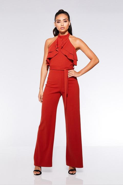 Rust Frill Halterneck Palazzo Jumpsuit