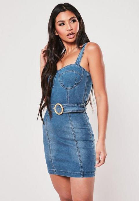 Blue Faux Bamboo Belted Denim Mini Dress, Blue