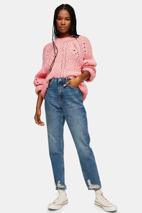 mid blue ripped mom tapered jeans