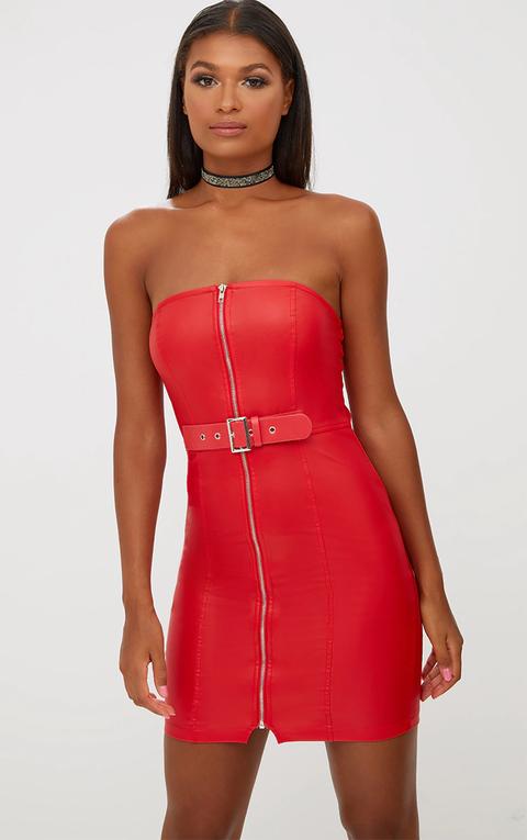 Red Faux Leather Belt Detail Bodycon Dress, Red