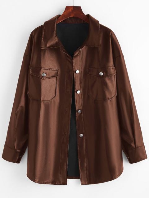 Faux Leather Front Pocket Shacket Coffee